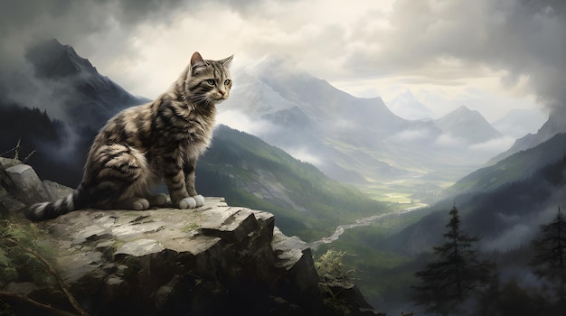 a cat perched on a rock overlooking a mountain valley