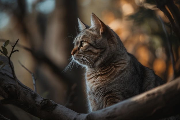 木の枝に止まって遠くを見つめる猫