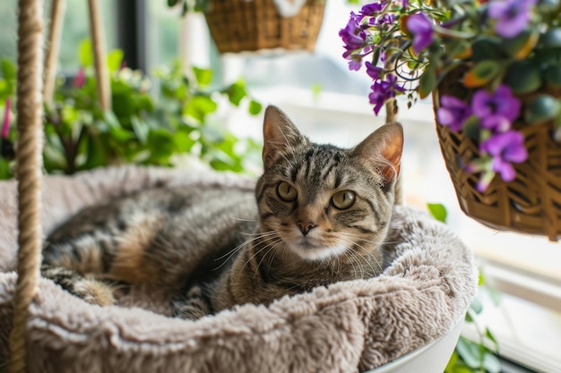 봄꽃 바구니가 걸려 있는 햇살 가득한 창문 근처 애완동물 침대에 누워 있는 고양이 제너레이티브 AI