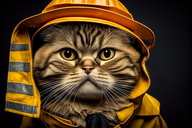 Cat pet wearing a fireman helmet illustration Generative AI