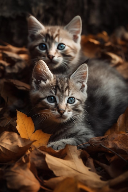 A cat in a pile of leaves