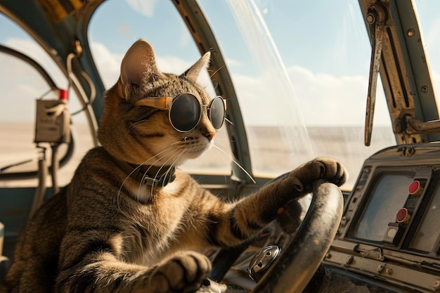 A cat piloting a submarine in the middle of a desert