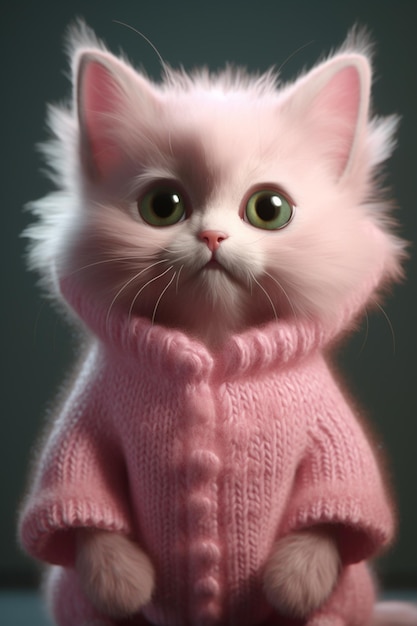A cat in a pink sweater with green eyes