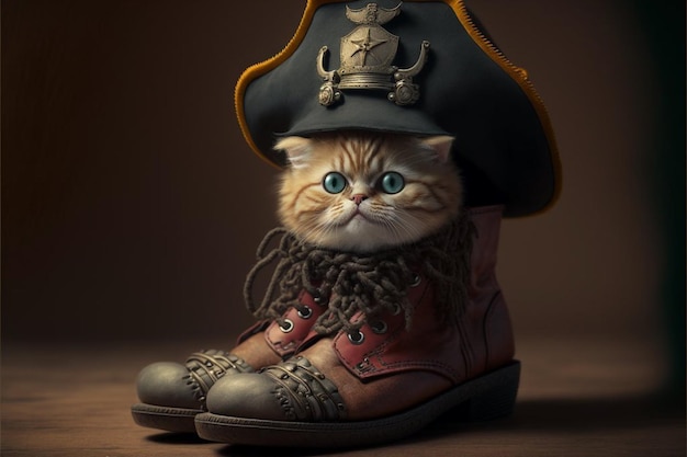 A cat in a pirate hat sits in a boot.