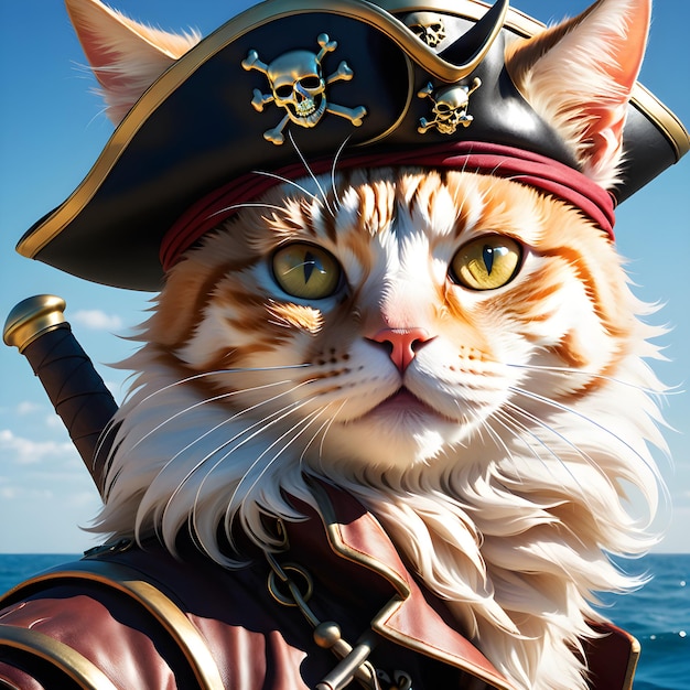 Photo cat pirate is a closeup surrealist digital graphic of a cat dressed as a pirate the cat is standi