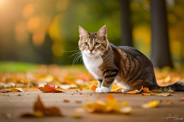 秋の葉に遊びながら拍手する猫が季節の喜びと活気を捉えています