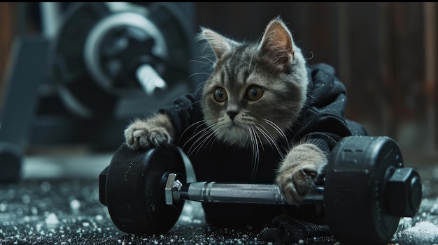 Cat Playfully Engages With Barbell in Gym