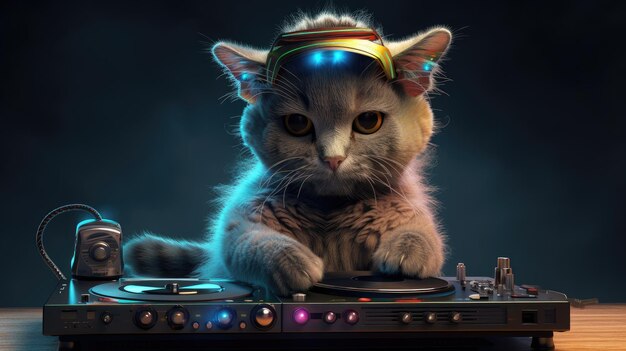 ターンテーブルで DJ をする猫