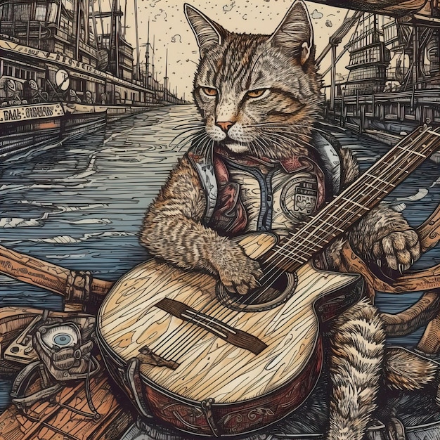 Foto un gatto che suona la chitarra su una barca