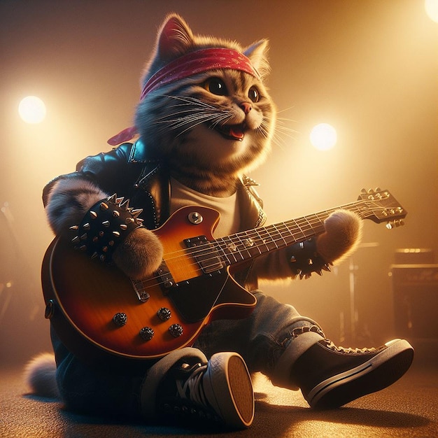 cat playing guitar happily