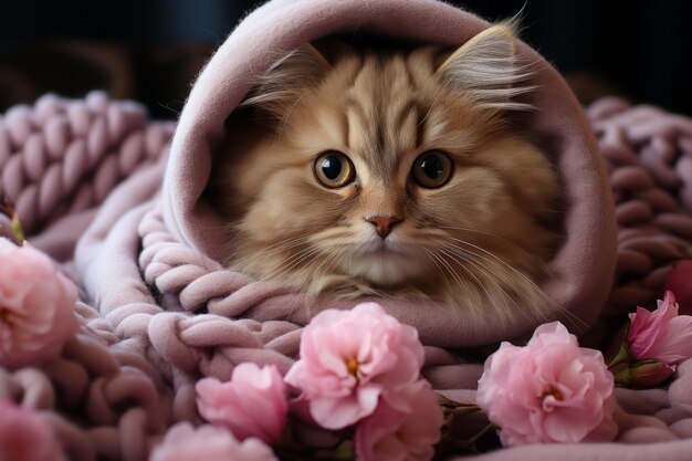 Foto gatto che gioca piccolo gattino curioso sdraiato che guarda la telecamera illustrazione 3d foto di alta qualità