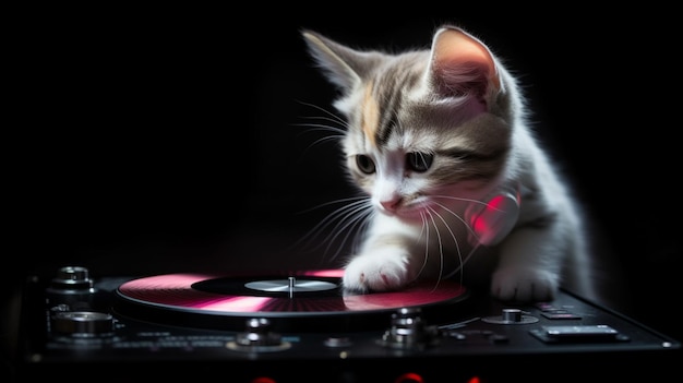 A cat playing on a turntable