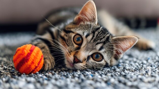 A cat playing with a ball on the floor of an apartment ai