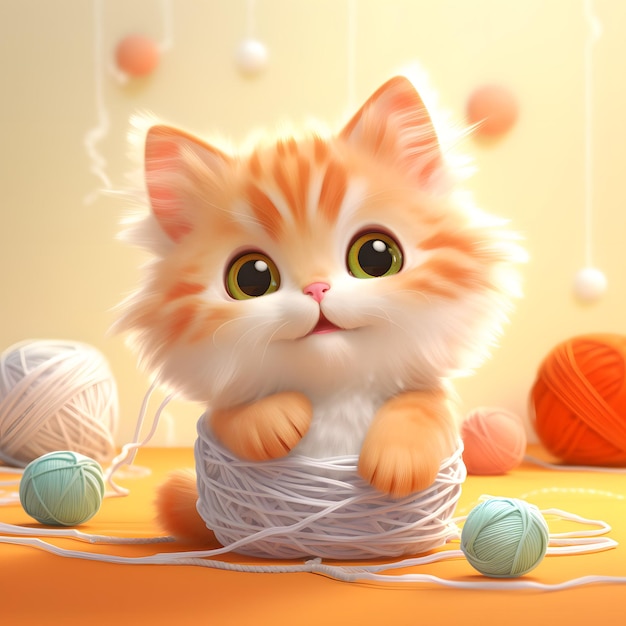 cat playing with a ball of thread cartoon style