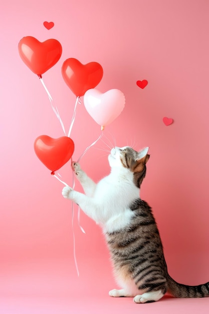 Foto un gatto che gioca con palloncini su sfondo rosa pastello il giorno di san valentino