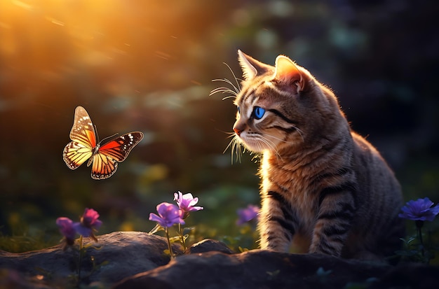 정원에서 나비와 놀고 있는 고양이 제너레이티브 AI