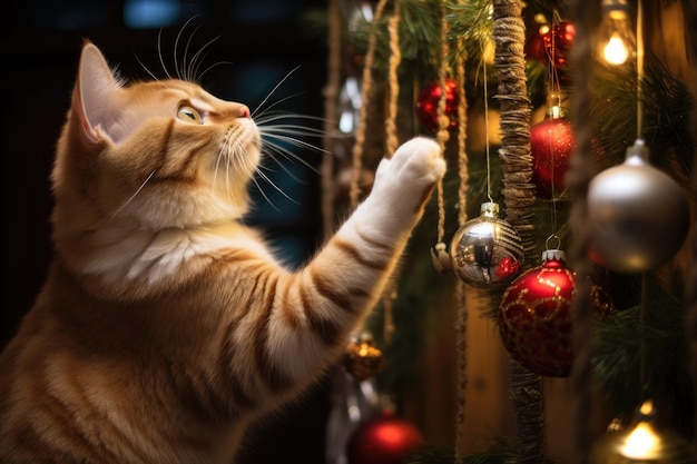 Кошка играет с украшениями на рождественской елке