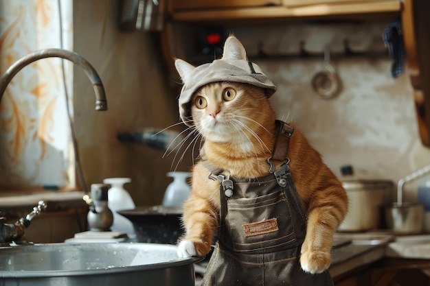 Cat Plumber Handsome Positive Sanitair Technicus Cat Cat Reparatie Plumbing Wasbak Installatie