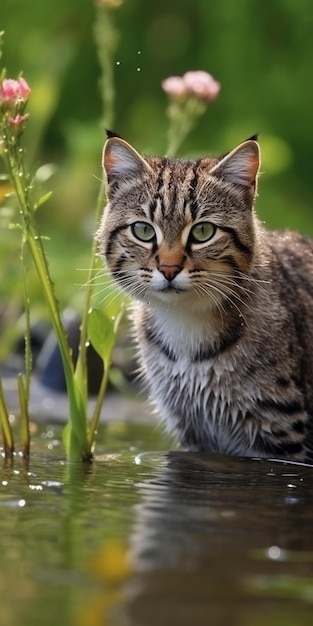 A cat in a pond with grass in the background