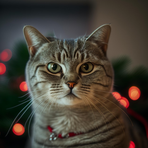 Cat portrait christmas light background