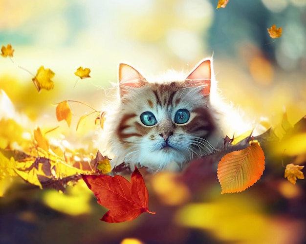 cat portrait   sit together on gold yellow leaves at wild field nature landscapeanimal