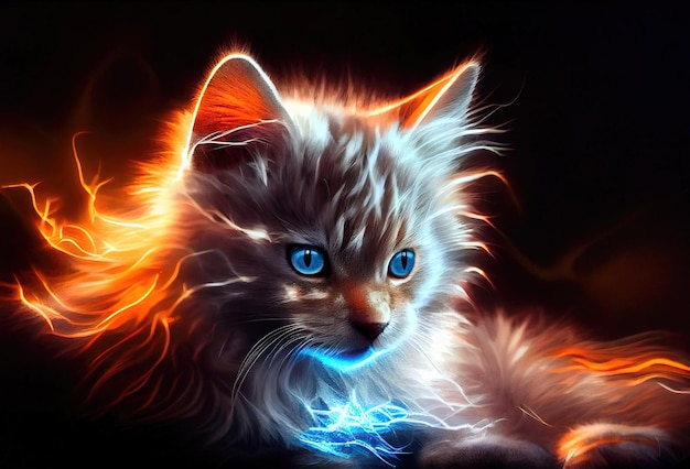 Портрет кошки с неоновым светящимся мехом на темном фоне, сделанный с помощью Generative AI