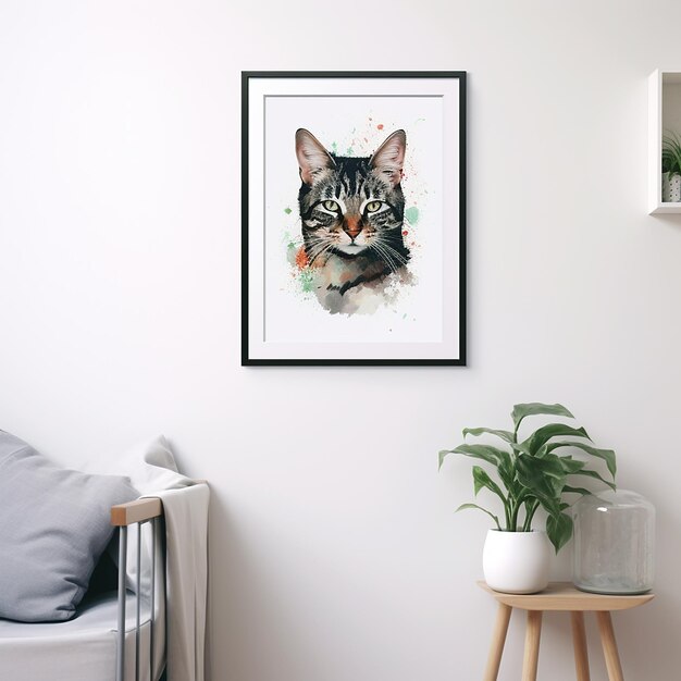 Photo cat poster decoration on white wall