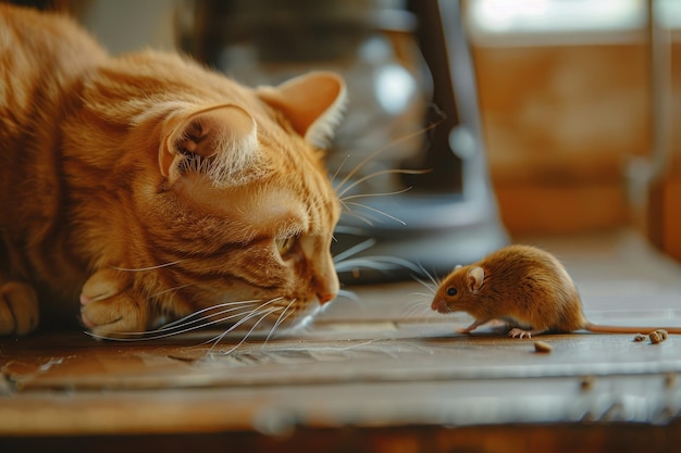 Foto un gatto rosso carino che gioca con un piccolo topo gerbillo sul tavolo. bestseller dei gatti.