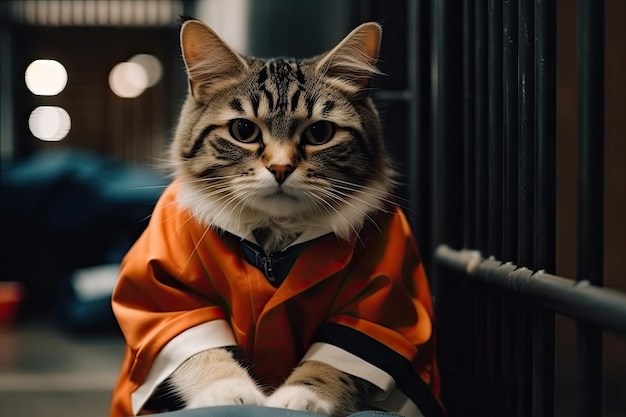 Cat in prisoner costume in prison cage Generative AI