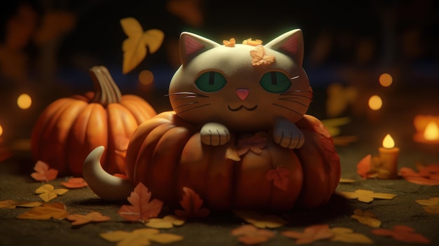 A cat in a pumpkin with a blue eye sits on a table with leaves around it.