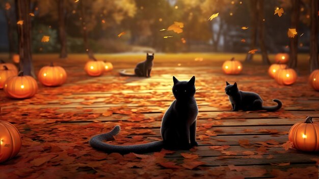 Cat in the pumpkins halloween desktop wallpaper