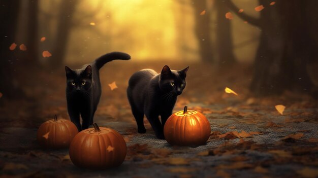 Photo cat in the pumpkins halloween desktop wallpaper