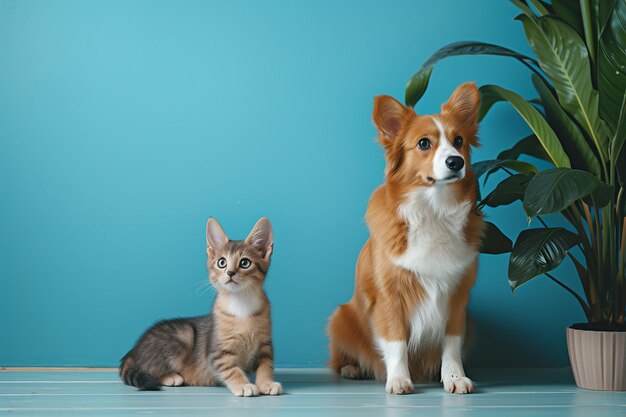 AIで生成された青い背景の猫と子犬