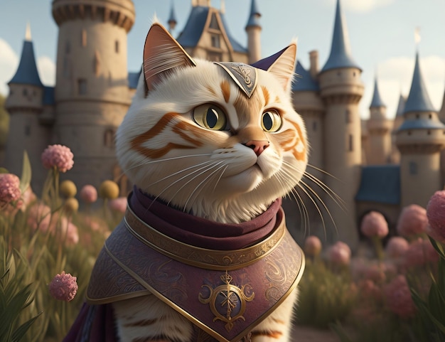 A cat in a purple cape stands in front of a castle.