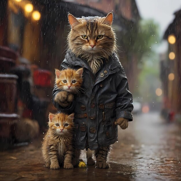 The Cat in rain with her Baby