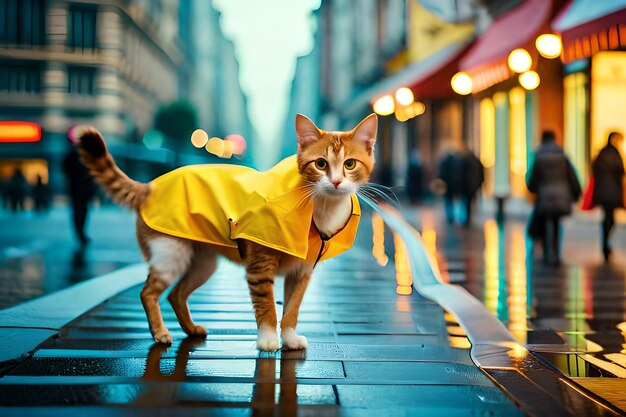 A cat in a raincoat stands on a wet sidewalk