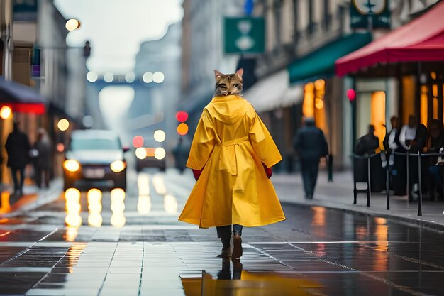 a cat in a raincoat walks down a wet sidewalk.