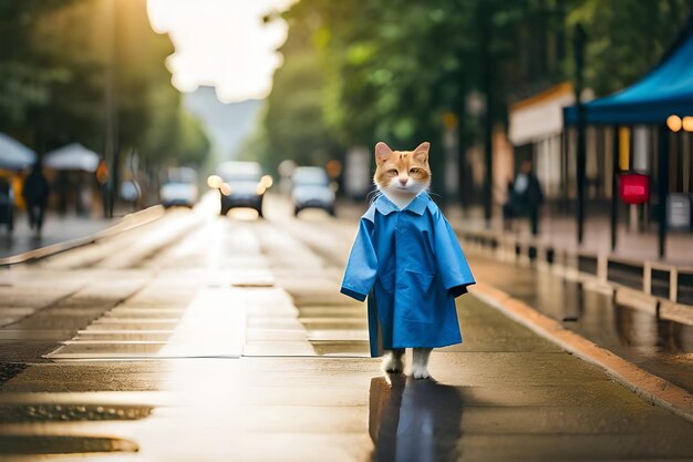 a cat in a raincoat with a blue raincoat on it