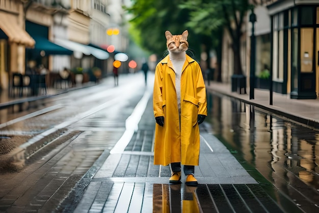 Foto un gatto con un impermeabile con un cartello che dice gatto sotto la pioggia.