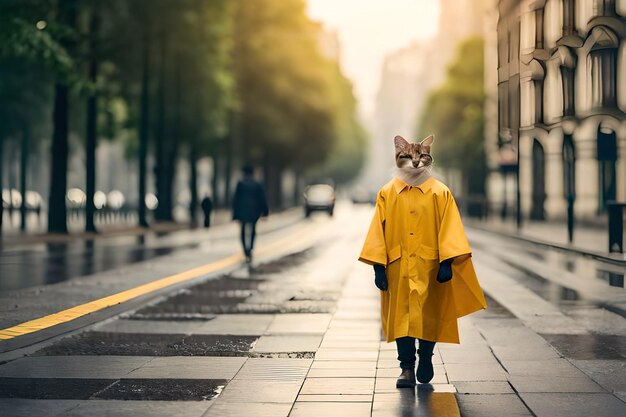 a cat in a raincoat with a yellow raincoat on the street