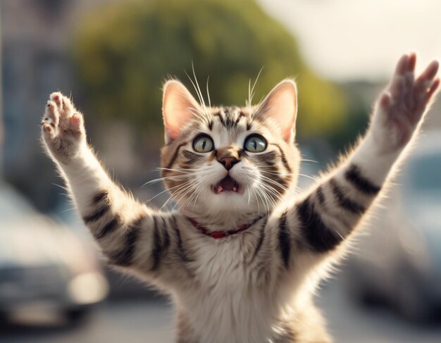 Photo a cat raising both hands raw photo cute hooray happy cat