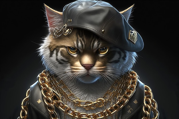 Cat rapper baas in gangsta-stijl met gouden kettingen Thug life concept Generatieve AI illustratie