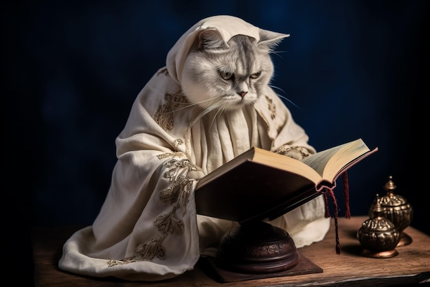 Cat reading a book on a wooden table on a dark background Generative AI