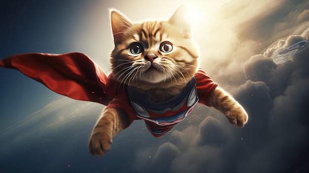 a cat in a red cape flies through the sky.