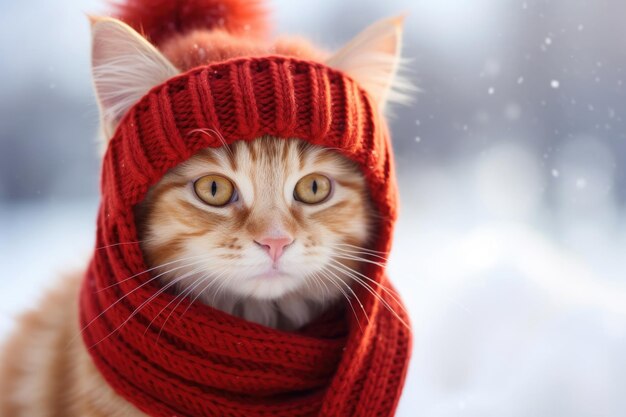 Foto gatto con un cappello rosso e una sciarpa su uno sfondo innevato