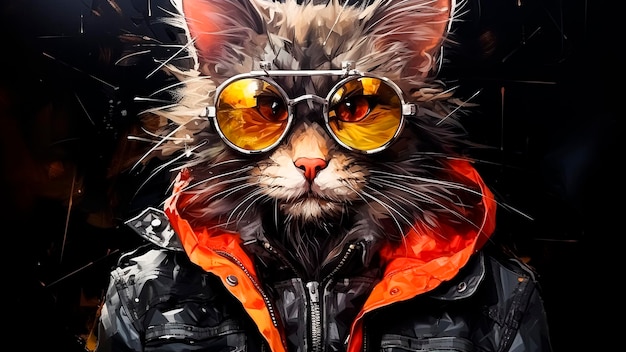 Photo cat in a red jacket and orange sunglasses on a black background punk style