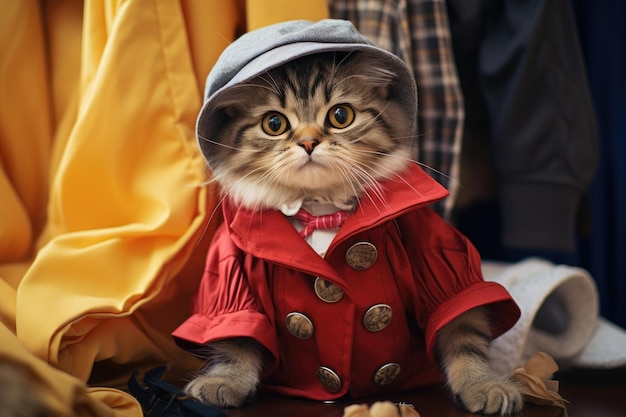 Foto gatto con una giacca rossa e un cappello panamense