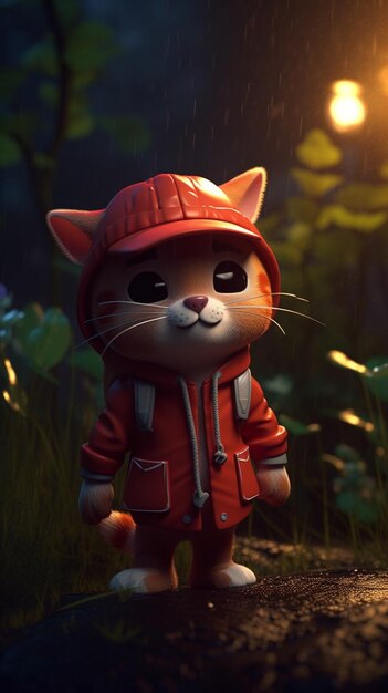 A cat in a red jacket stands in a forest.