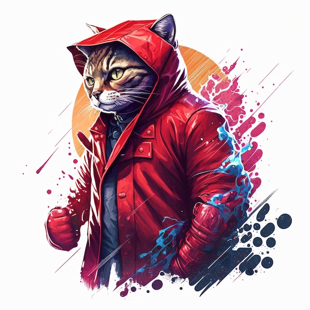 A cat in a red jacket with a red hoodie.