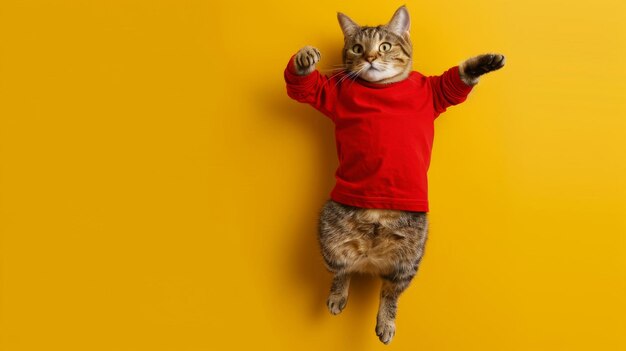 Cat in Red Shirt Standing on Hind Legs